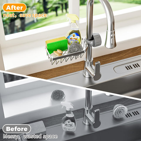 LONIN detachable drain rack in chrome adds flexible faucet-mounted storage.