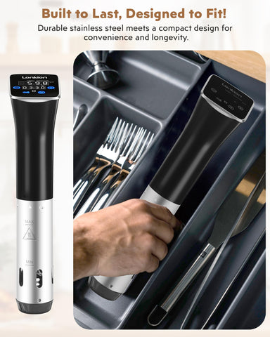 Lonkion sous vide setup shows vacuum-sealed foods ready for precise cooking.