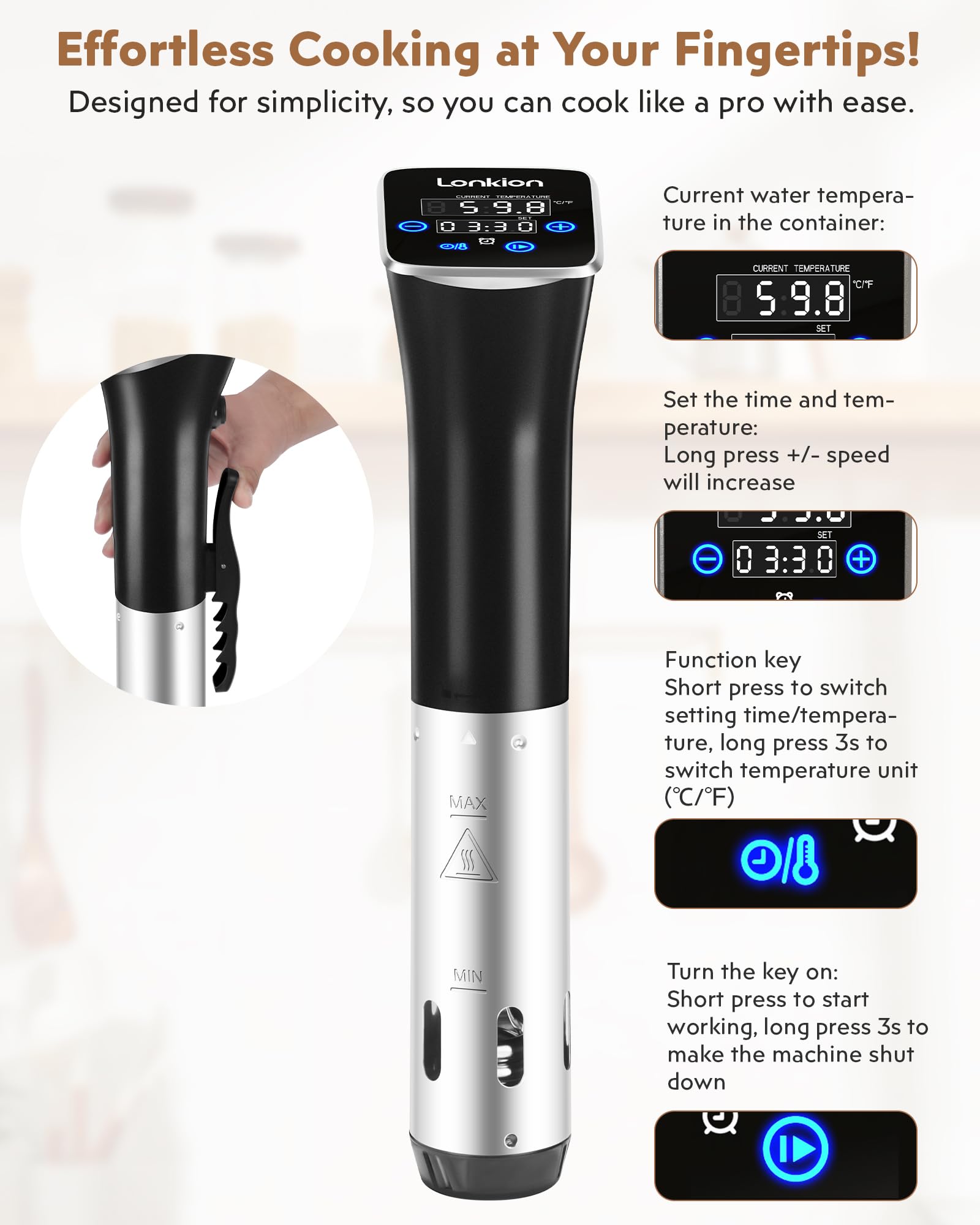 Lonkion sous vide cooker with a gentle end-of-cook alarm in a modern kitchen.