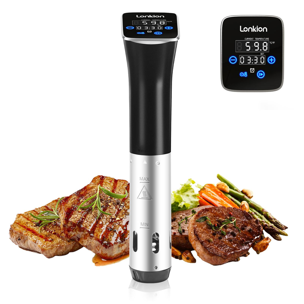 Lonkion sous vide cooker on kitchen counter showing precise temperature control for tender results.