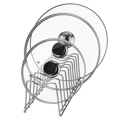 Lonpute pot lid organizer front view showing sturdy stainless steel construction