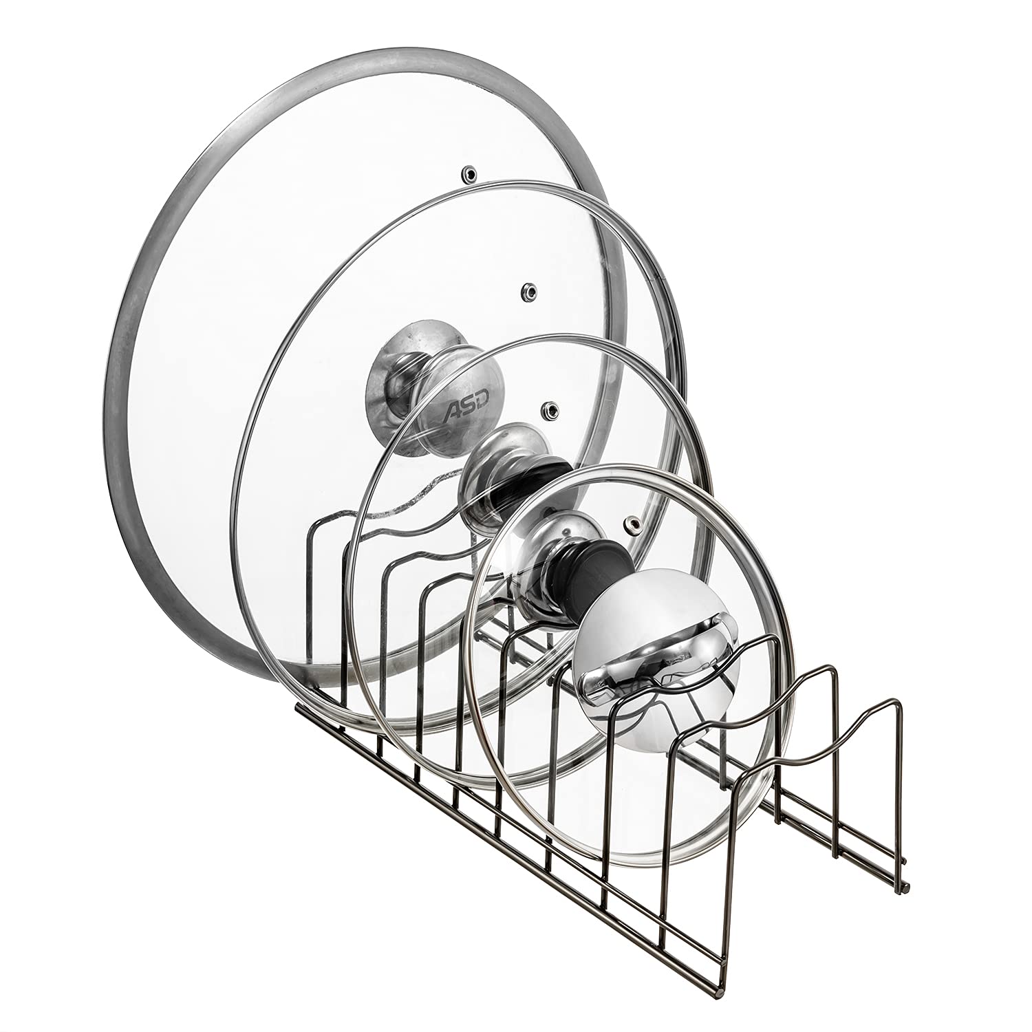 Lonpute pot lid organizer rack keeps lids upright for easy access.