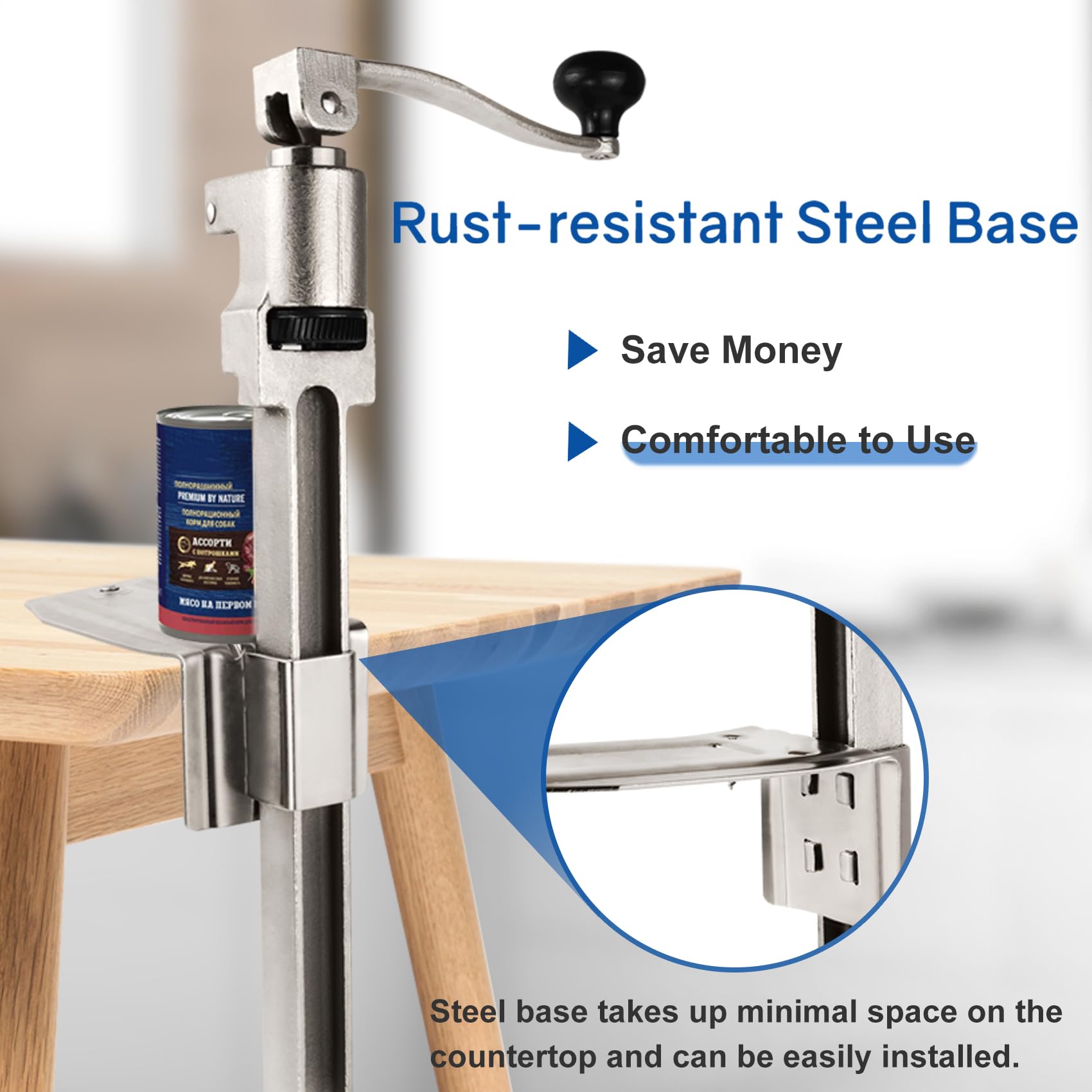 Lonsge table-top can opener with plated steel base for secure mounting.