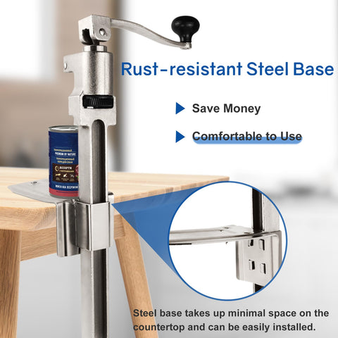 Lonsge table-top can opener with plated steel base for secure mounting.