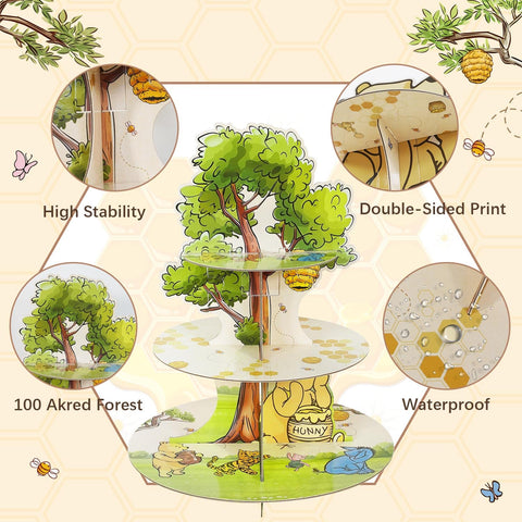 Lopeastar vintage Pooh-themed cupcake stand adds timeless charm to parties.