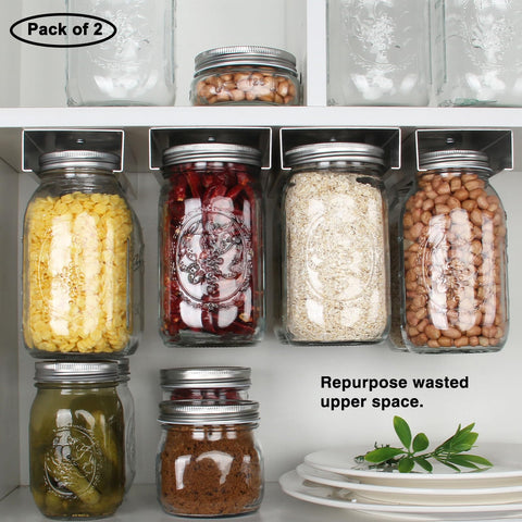 Lopeztek Mason Jar Organizer on pantry shelf provides clear jar visibility.