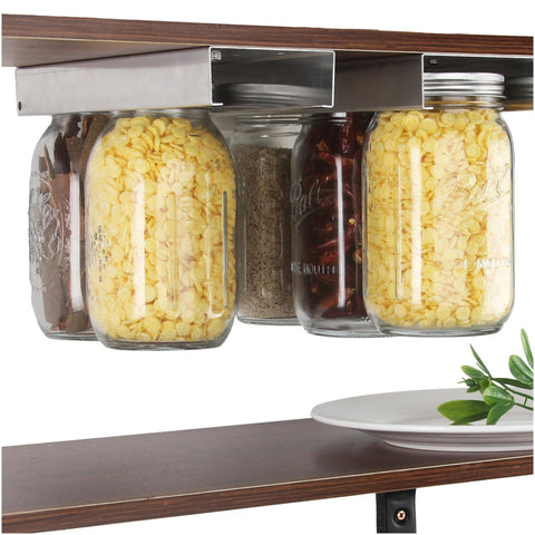 Lopeztek Mason Jar Organizer mounted under cabinet for space-saving storage.