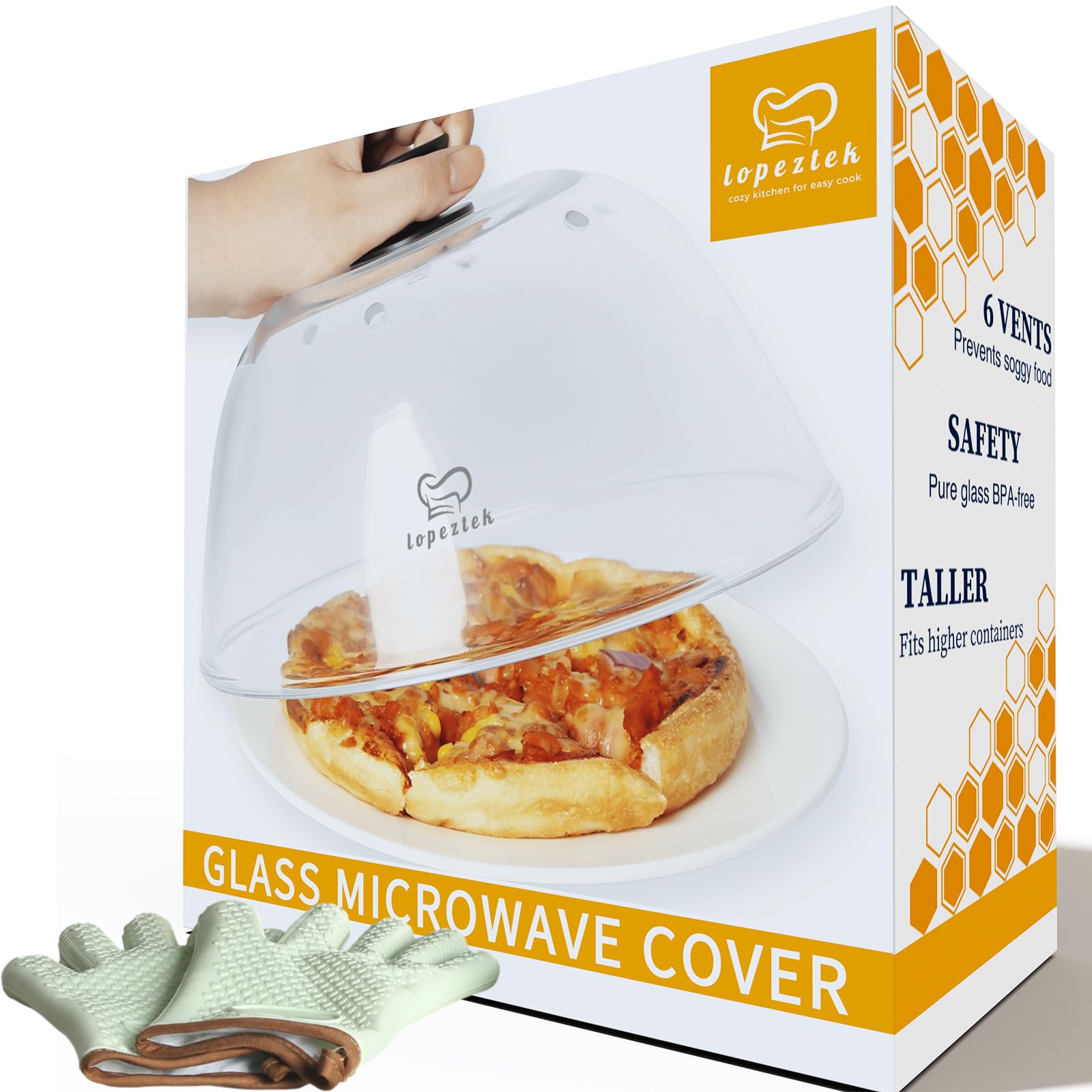 Lopeztek tall glass microwave cover with six vents for even heating.