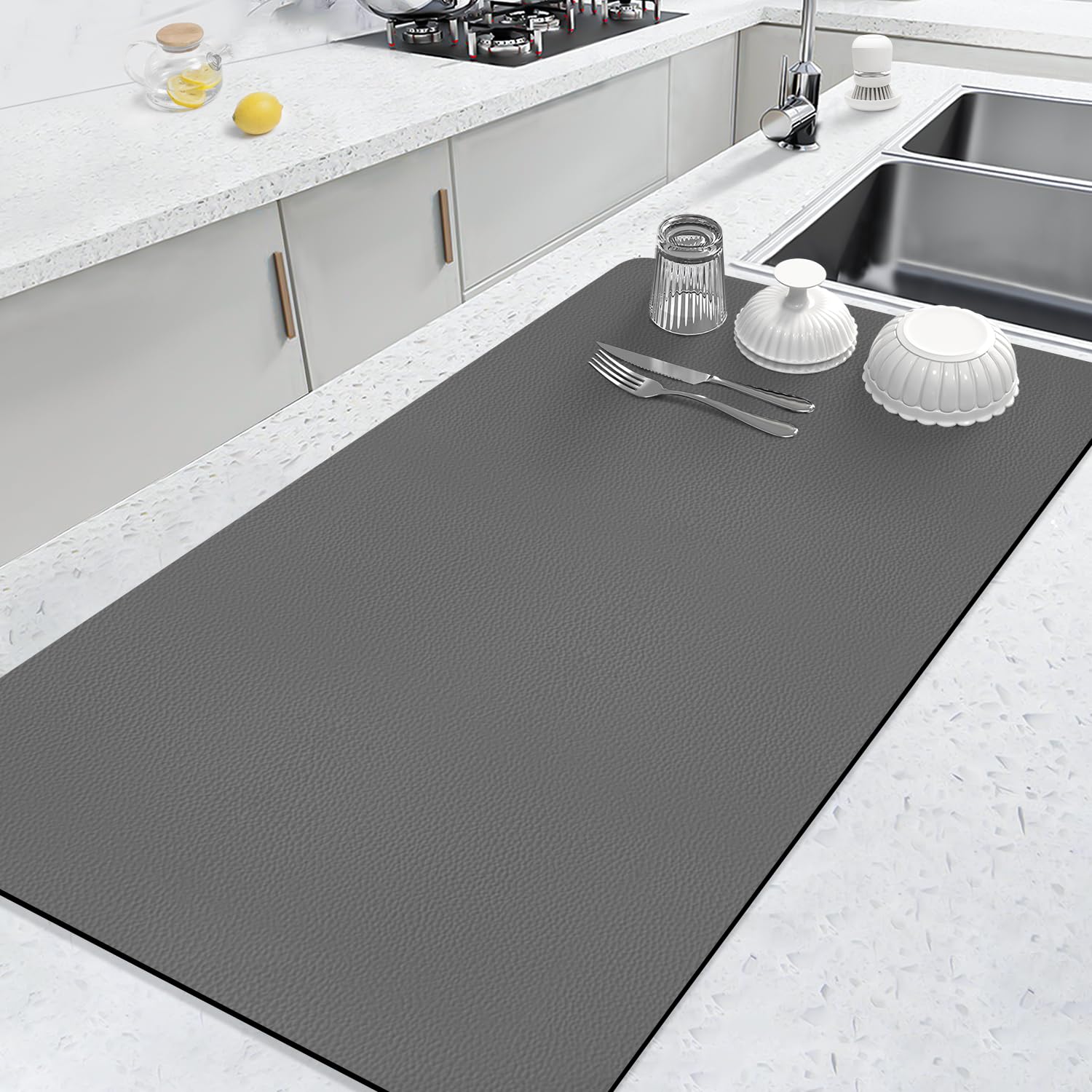 LOPNUR dish drying mat 31.5x17 gray, highly absorbent for quick countertop drying.