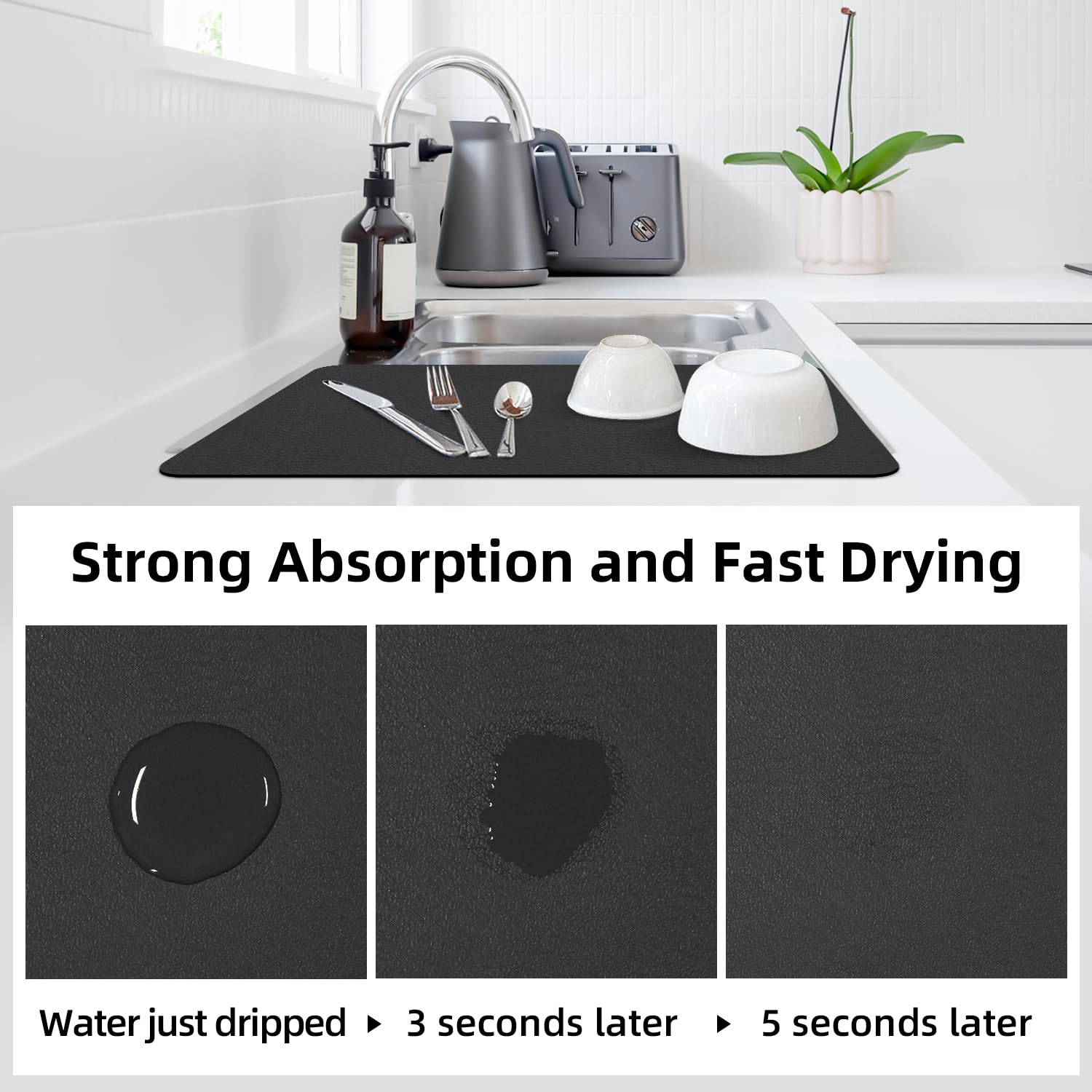 LOPNUR Drying Mat with anti-slip rubber back keeps items secure on the counter.