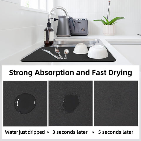 LOPNUR Drying Mat with anti-slip rubber back keeps items secure on the counter.