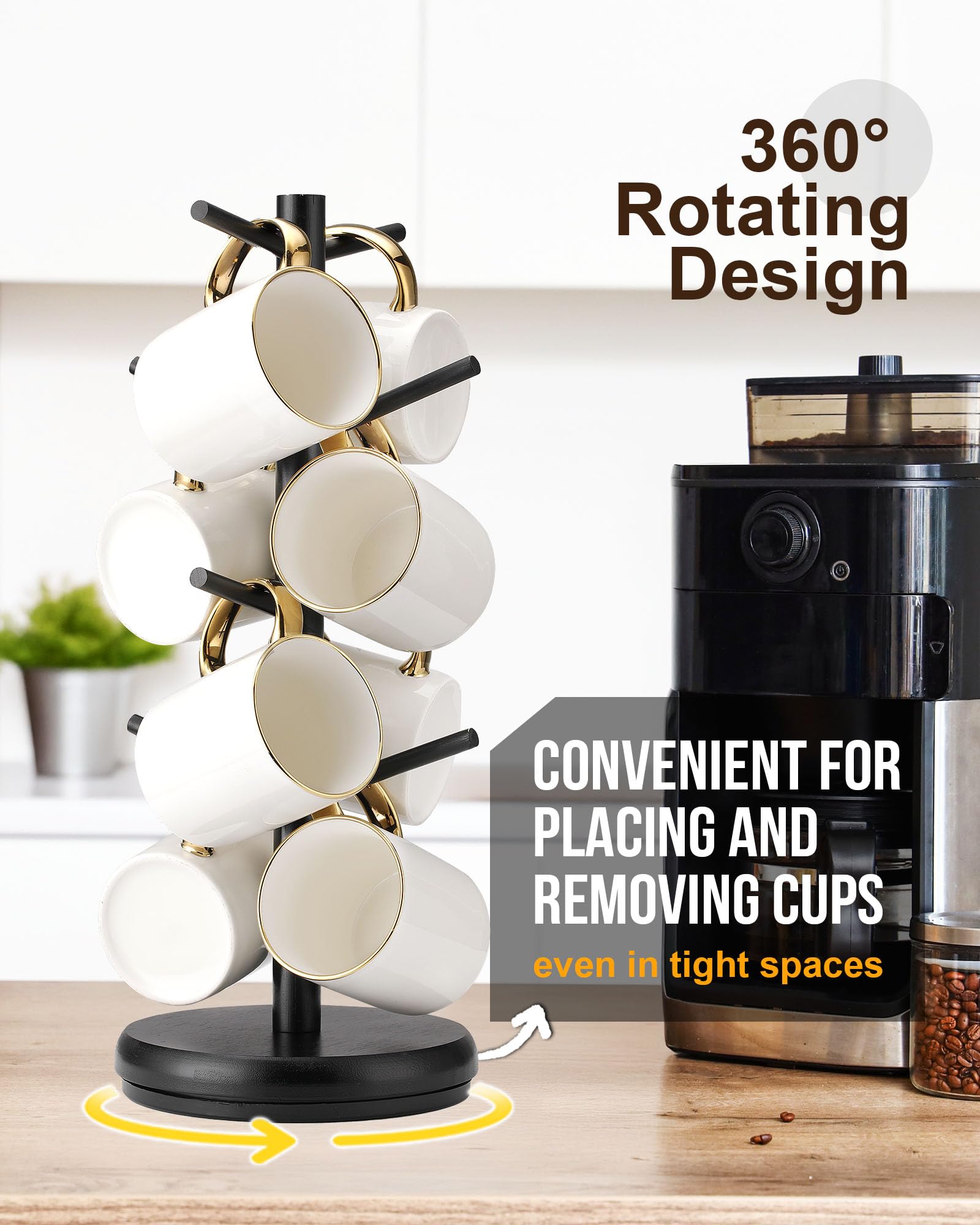 Lorbro mug tree shows eight hooks for tidy mug storage