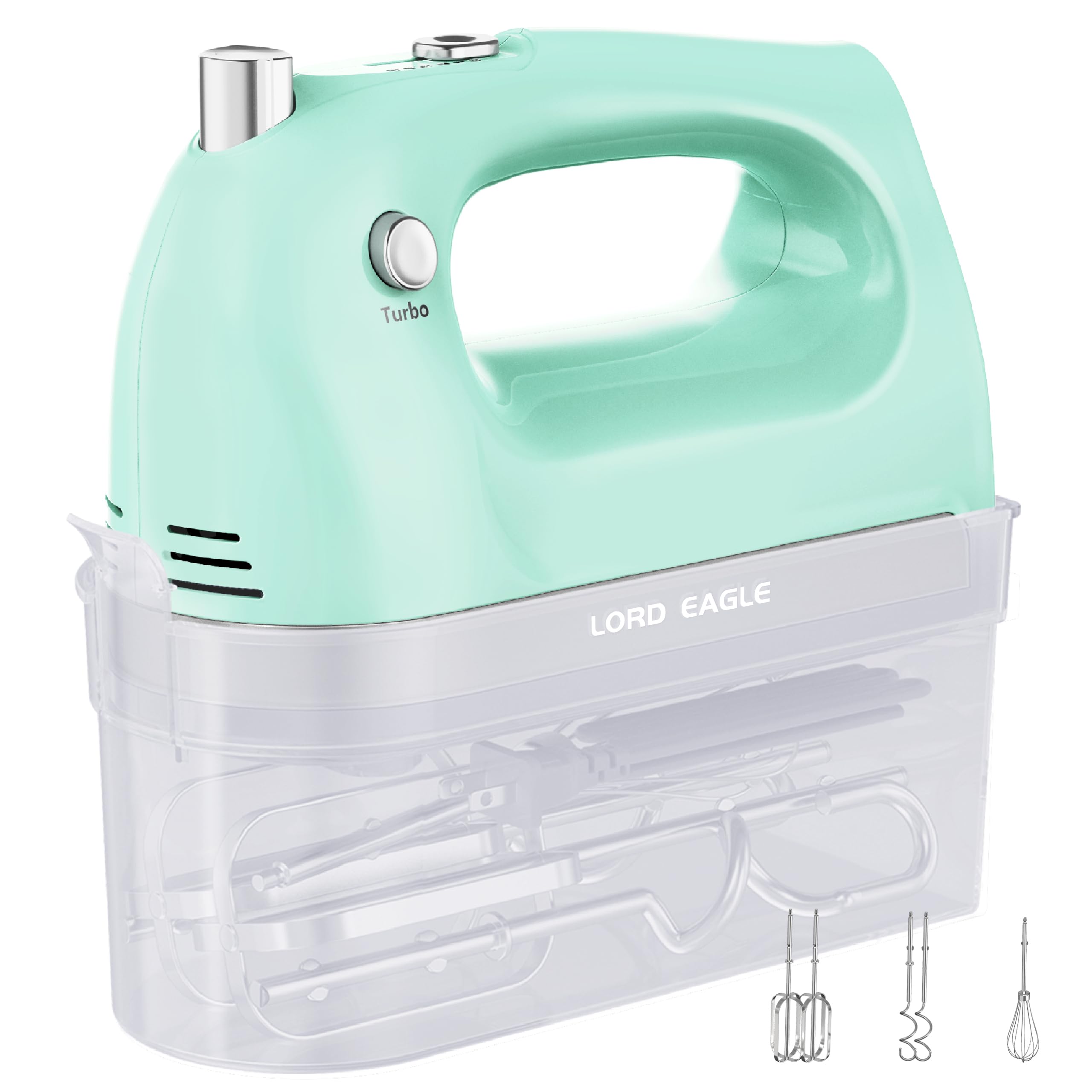 Lord Eagle hand mixer front view with compact design for easy storage.