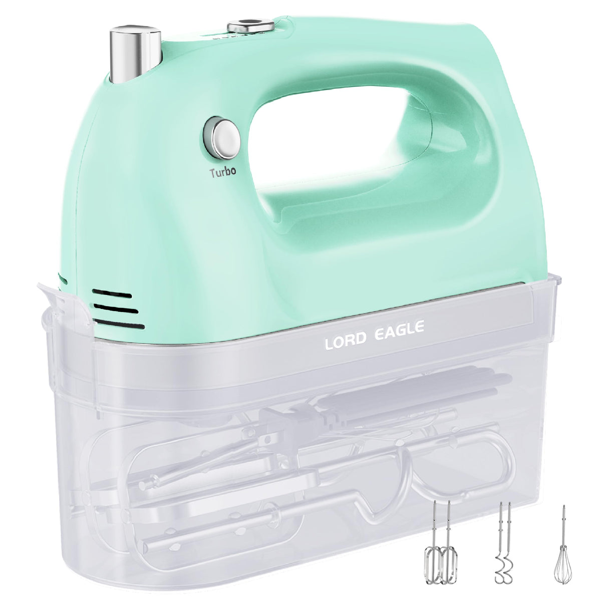 Lord Eagle hand mixer front view with compact design for easy storage.