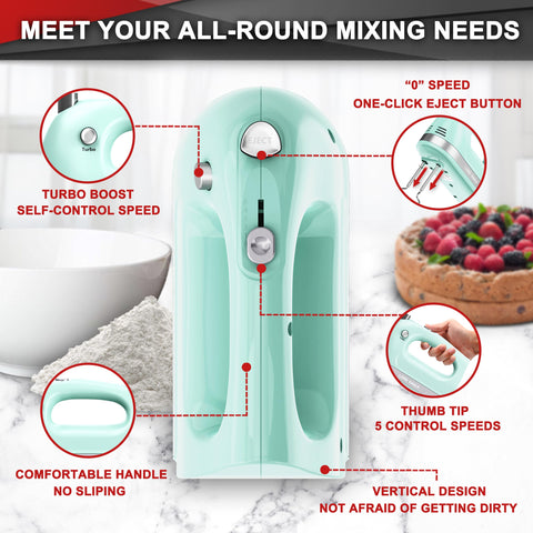 Lord Eagle hand mixer eject button enables quick attachment release.