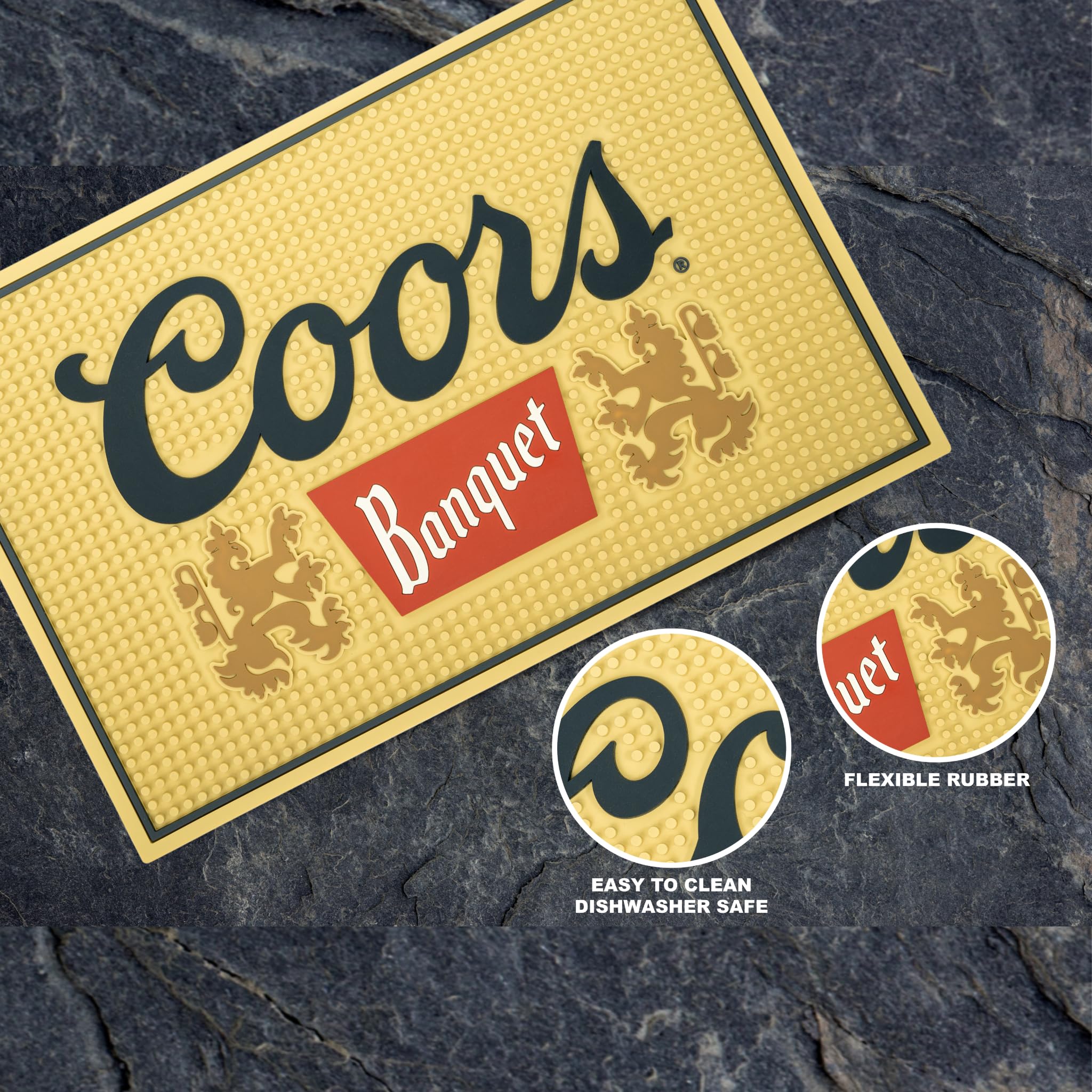 LORD'S ROCKS bar mat provides countertop protection during drinks and coffee prep.