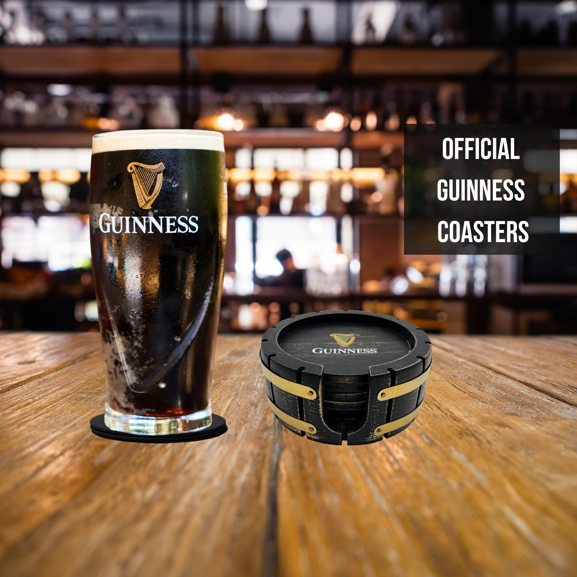 Close-up shows durable wood and precise Guinness branding for everyday use.