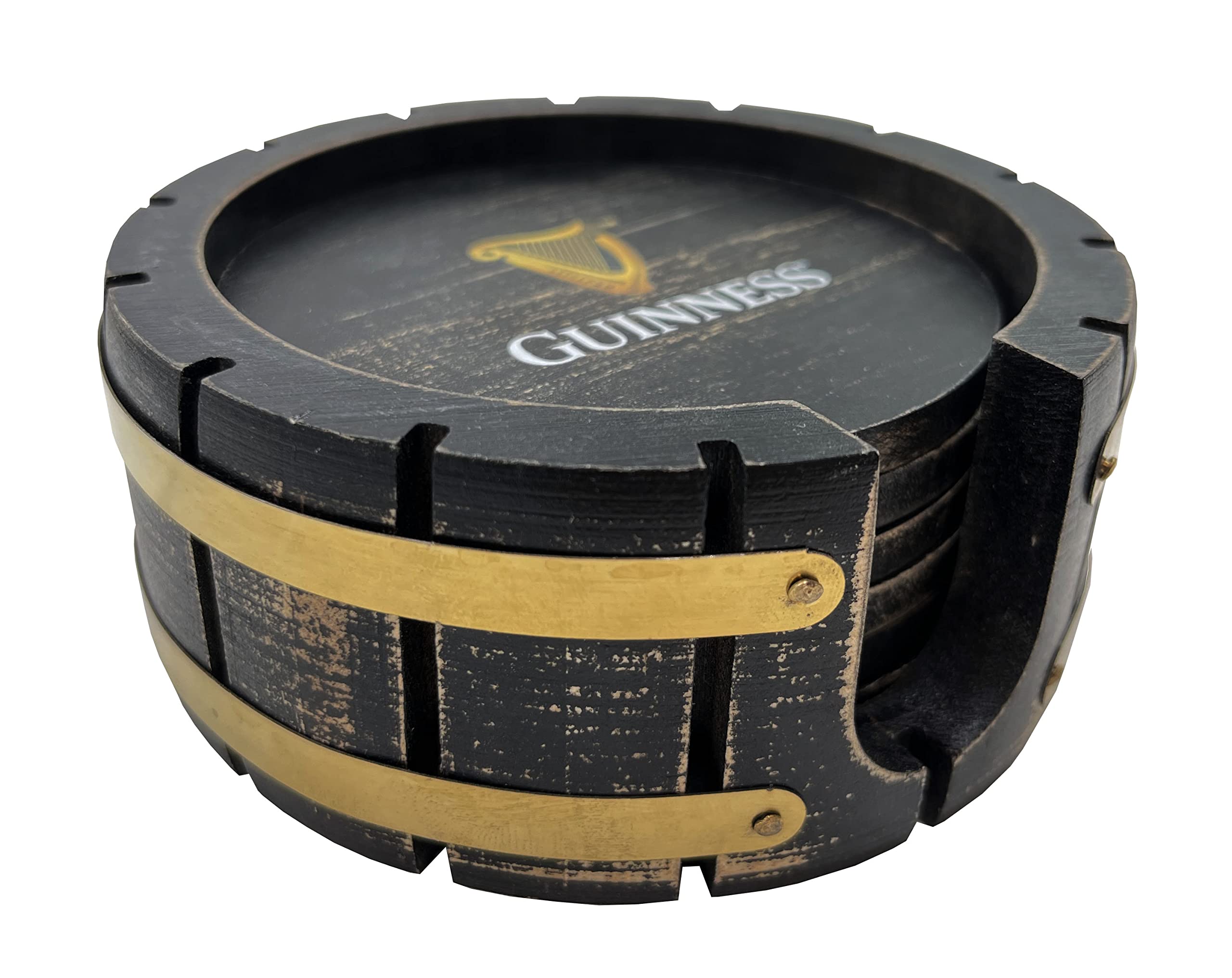 Guinness logo on coasters enhances bar aesthetics with classic black and gold tones.