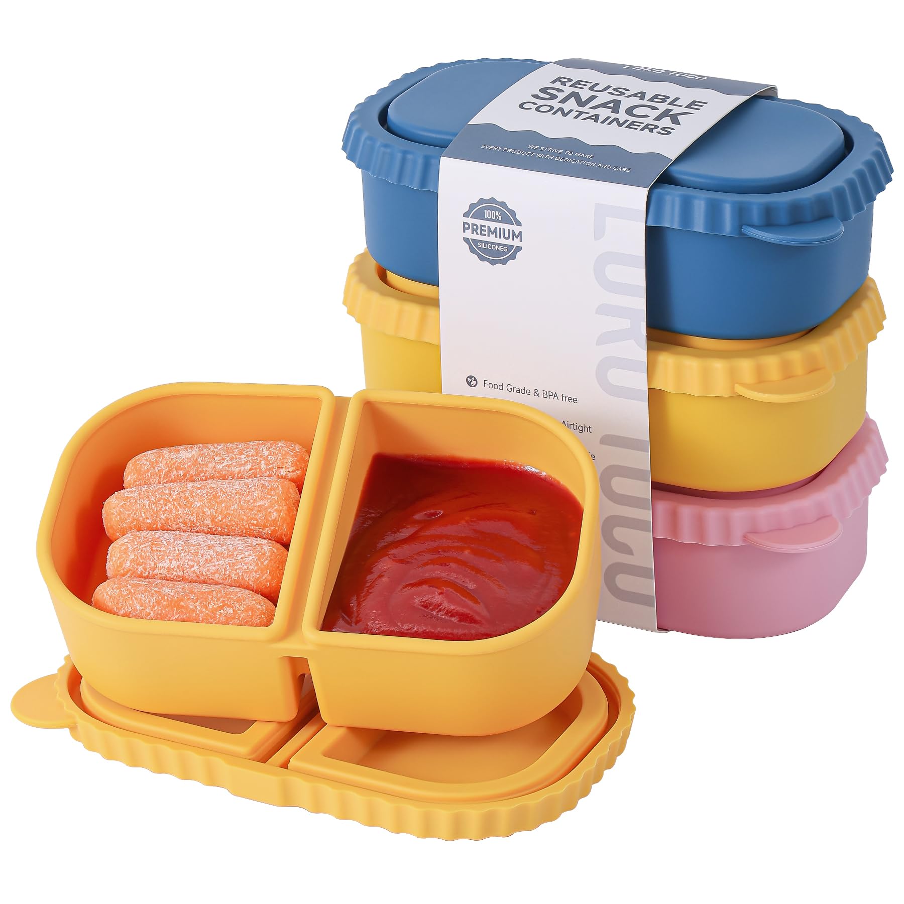 LOROTOCO 3-pack silicone snack containers with lids in blue, pink, and yellow for kid-friendly snacks.