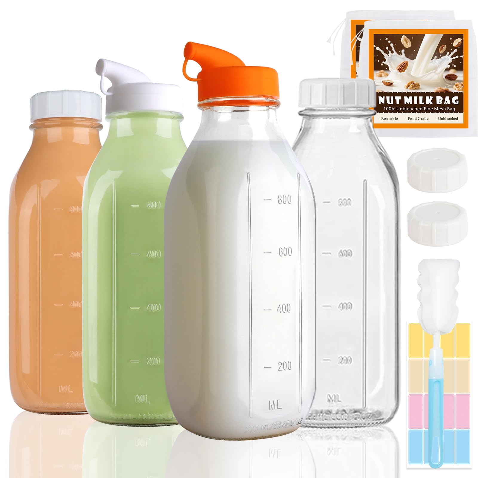 LOSANJI 4-pack glass bottles for durable fridge storage and reuse.