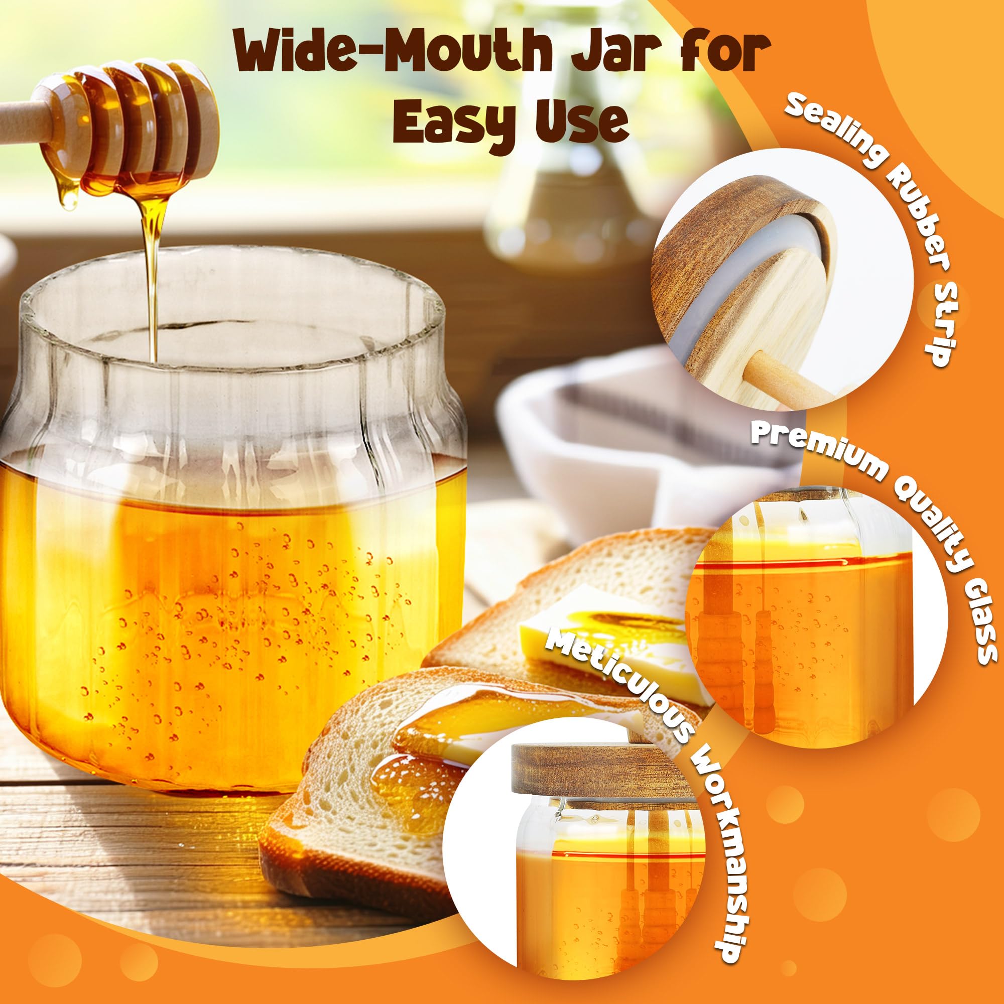Close-up of the 12 oz glass honey jar reveals crystal-clear transparency for monitoring fullness.