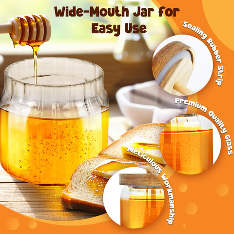 Close-up of the 12 oz glass honey jar reveals crystal-clear transparency for monitoring fullness.