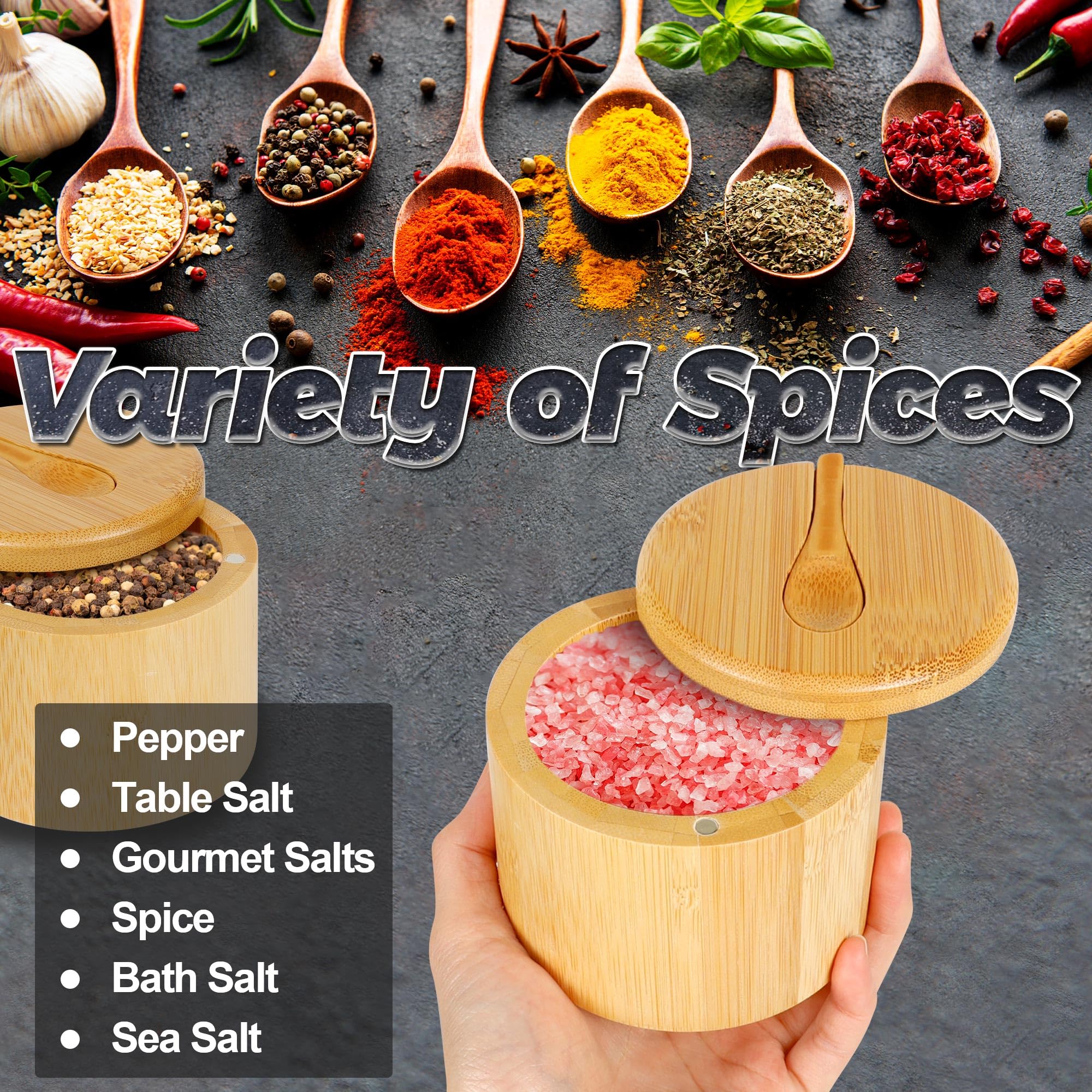 Loscarol multiuse bamboo spice storage box for salts, peppers, and herbs.