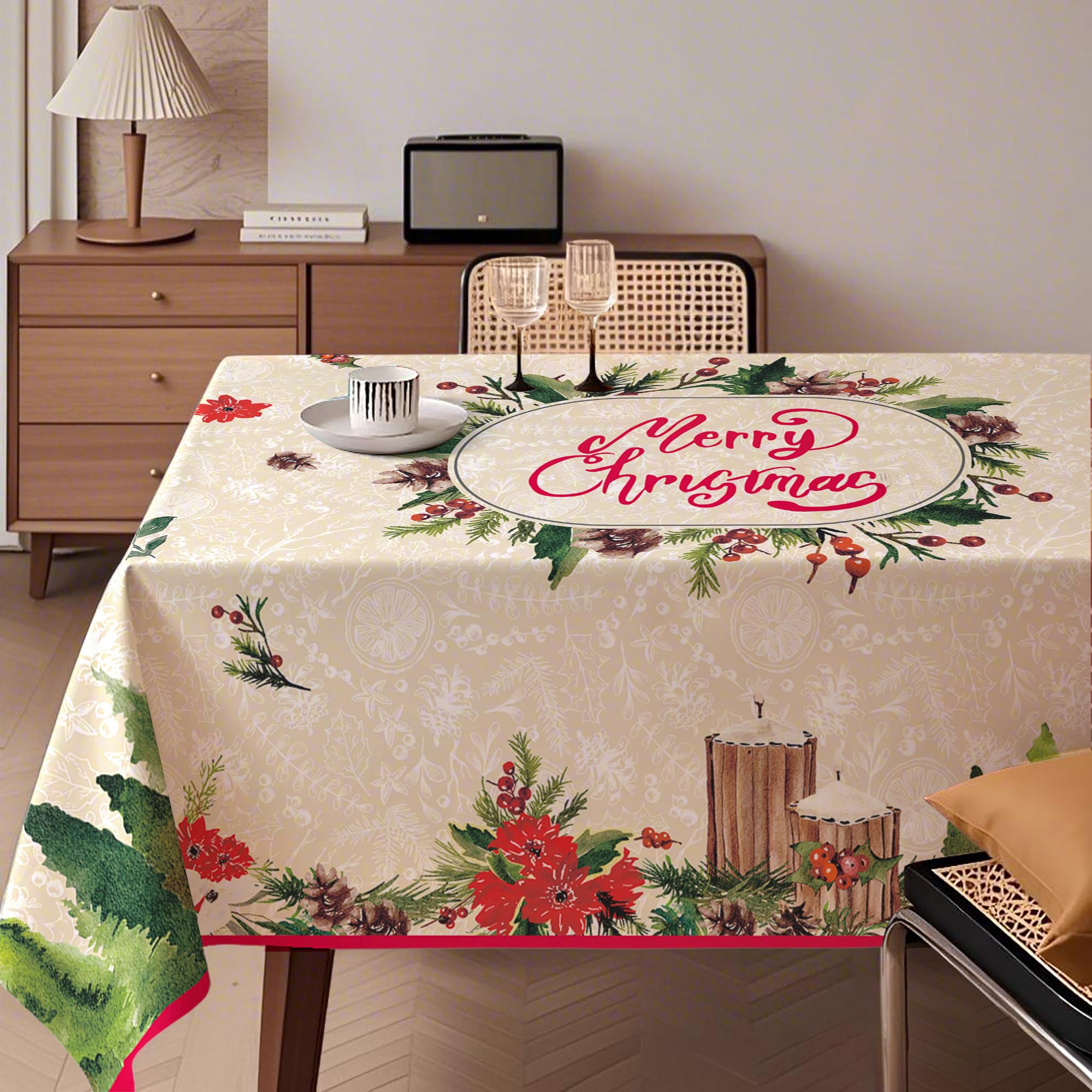 LOSIVISHE Christmas tablecloth watercolor tree on beige background protects your holiday table