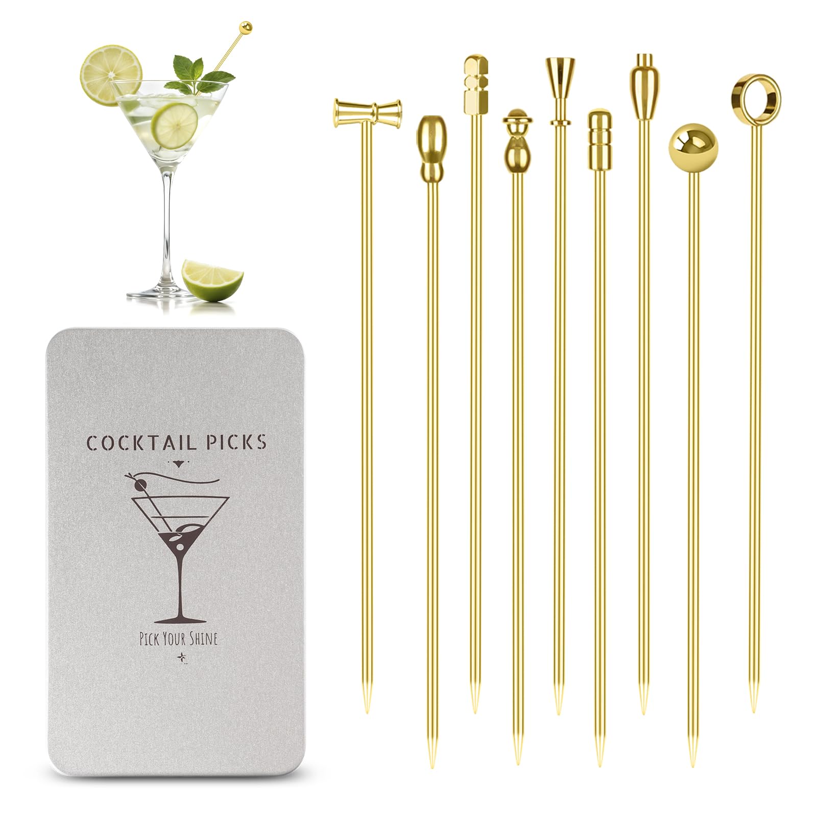 Losneg gold cocktail picks garnish olives for cocktails, reusable and stylish.