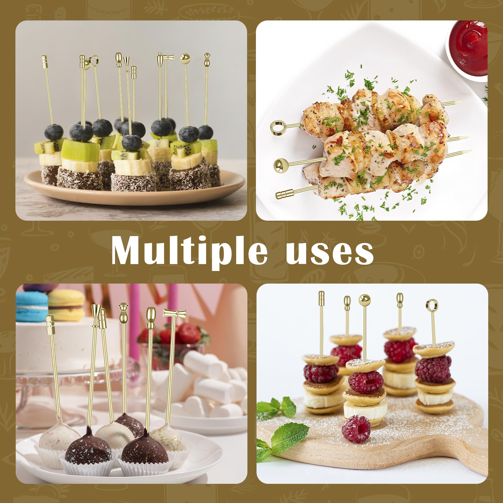 Losneg gold cocktail picks help guests identify their glasses at parties.