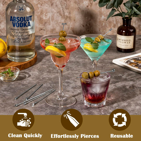 Losneg martini picks skewering olives in a glass for elegant serving.