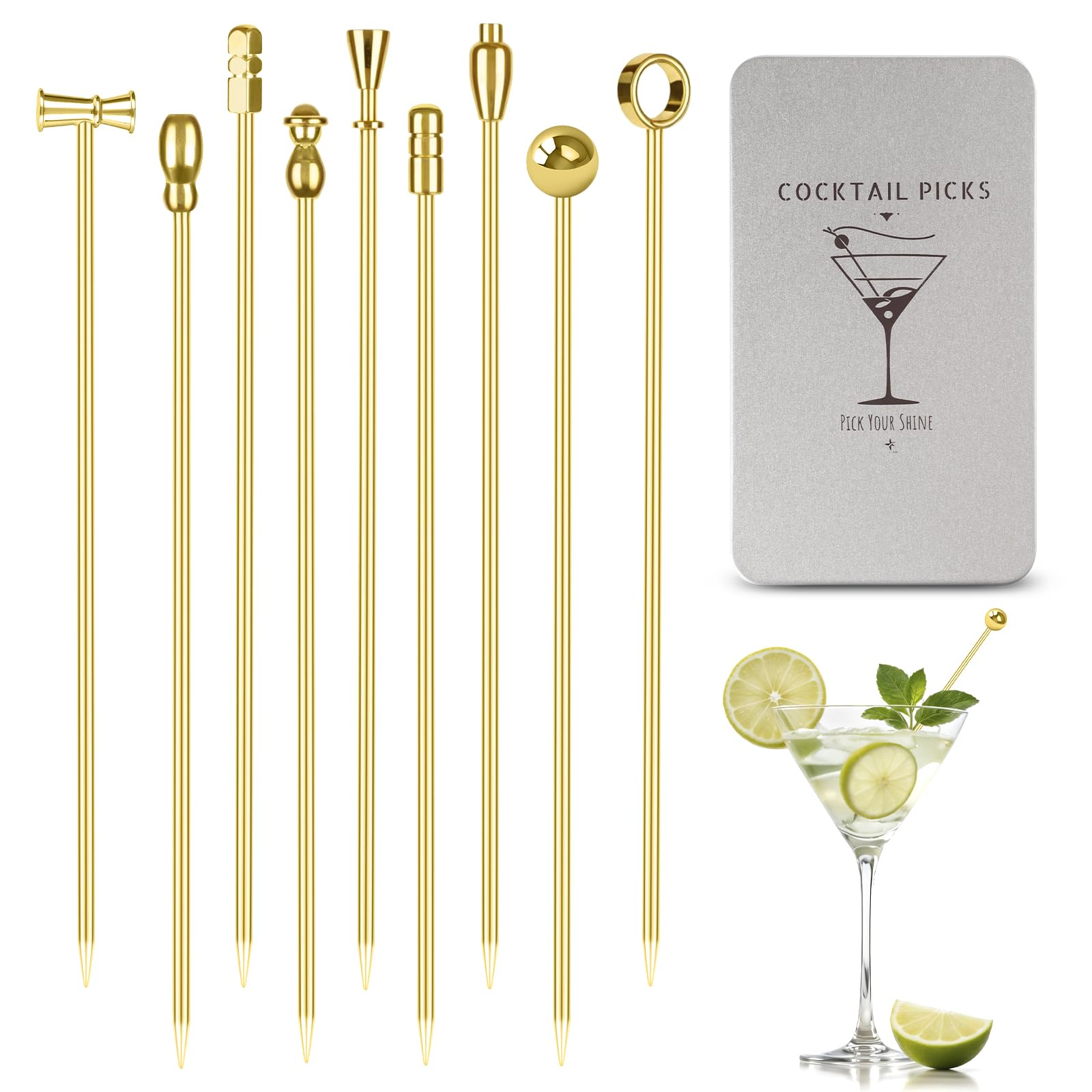 Losneg gold stainless steel picks for olives and cherries, elegant cocktails.