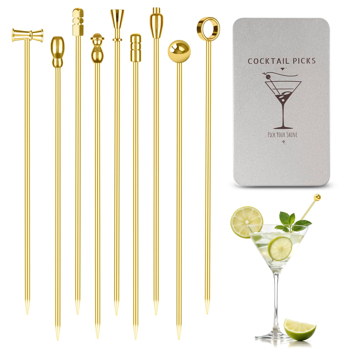 Losneg gold stainless steel picks for olives and cherries, elegant cocktails.