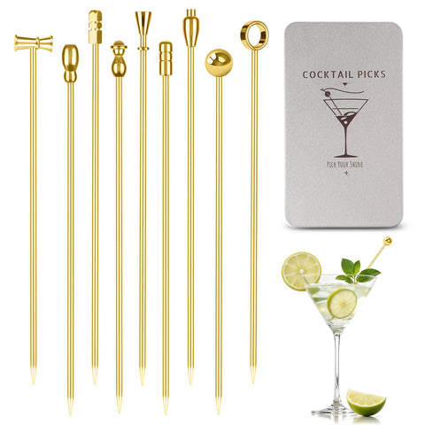 Losneg gold stainless steel picks for olives and cherries, elegant cocktails.