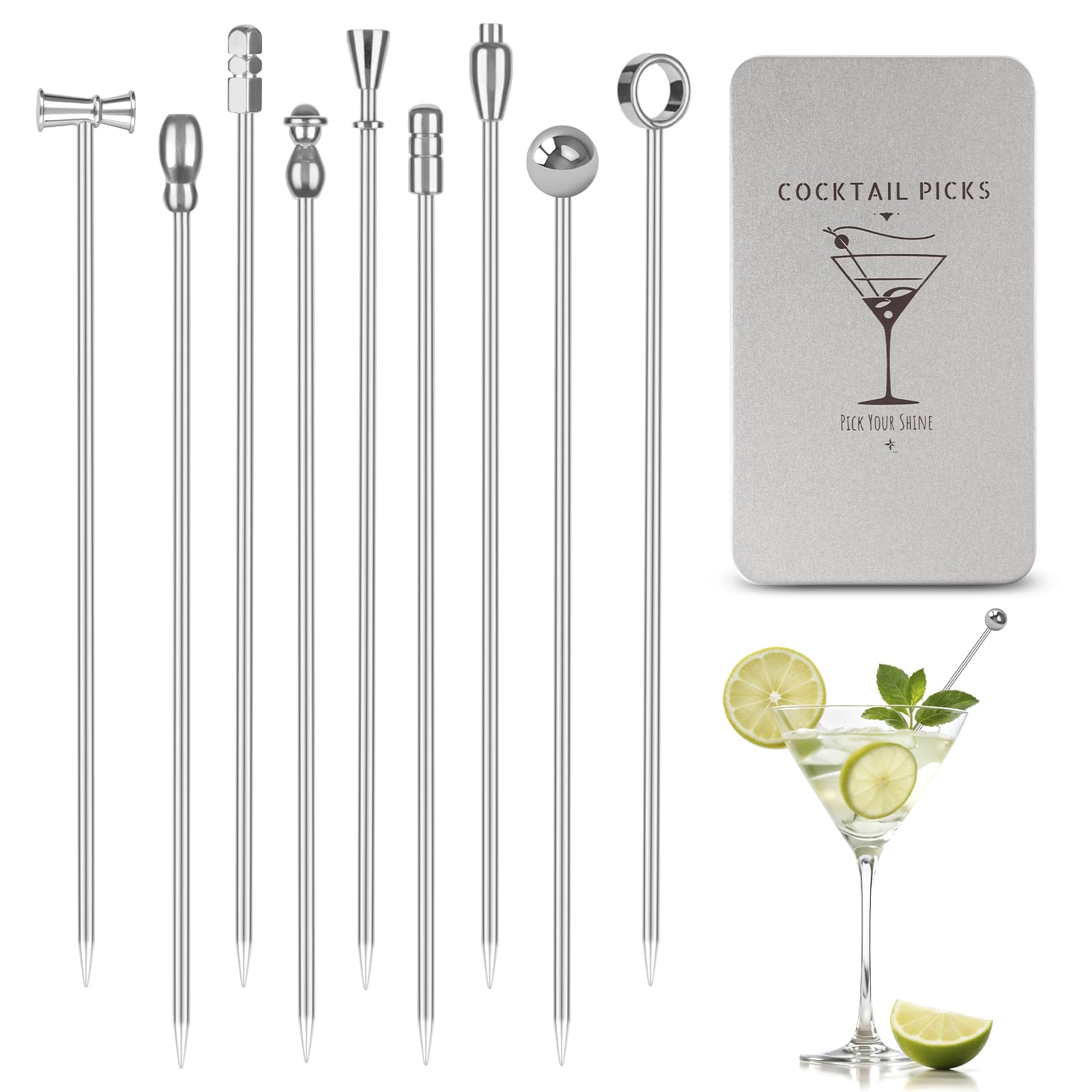 Losneg metal martini picks package shows rustproof stainless steel for reusable entertaining