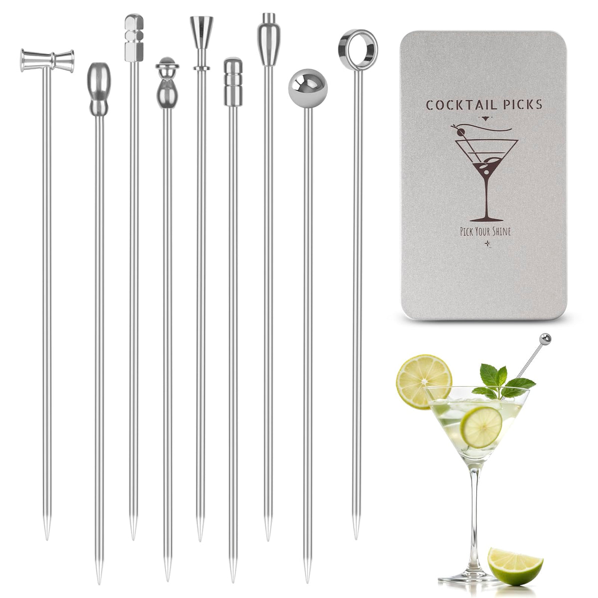 Losneg metal martini picks package shows rustproof stainless steel for reusable entertaining