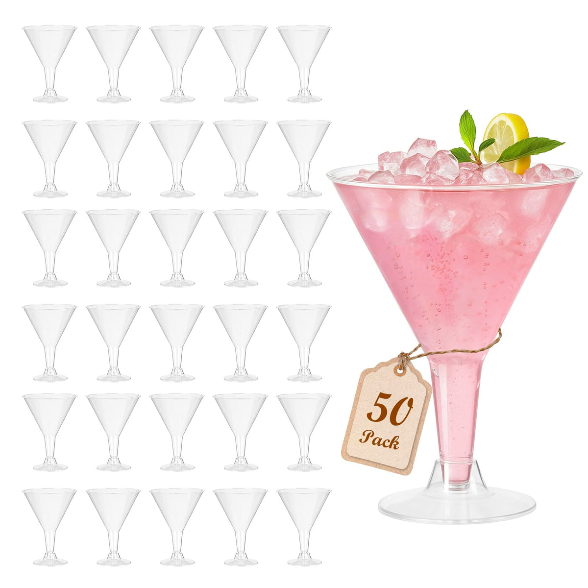 Losneg plastic martini glasses 50-pack with quick assembly for easy party serving.