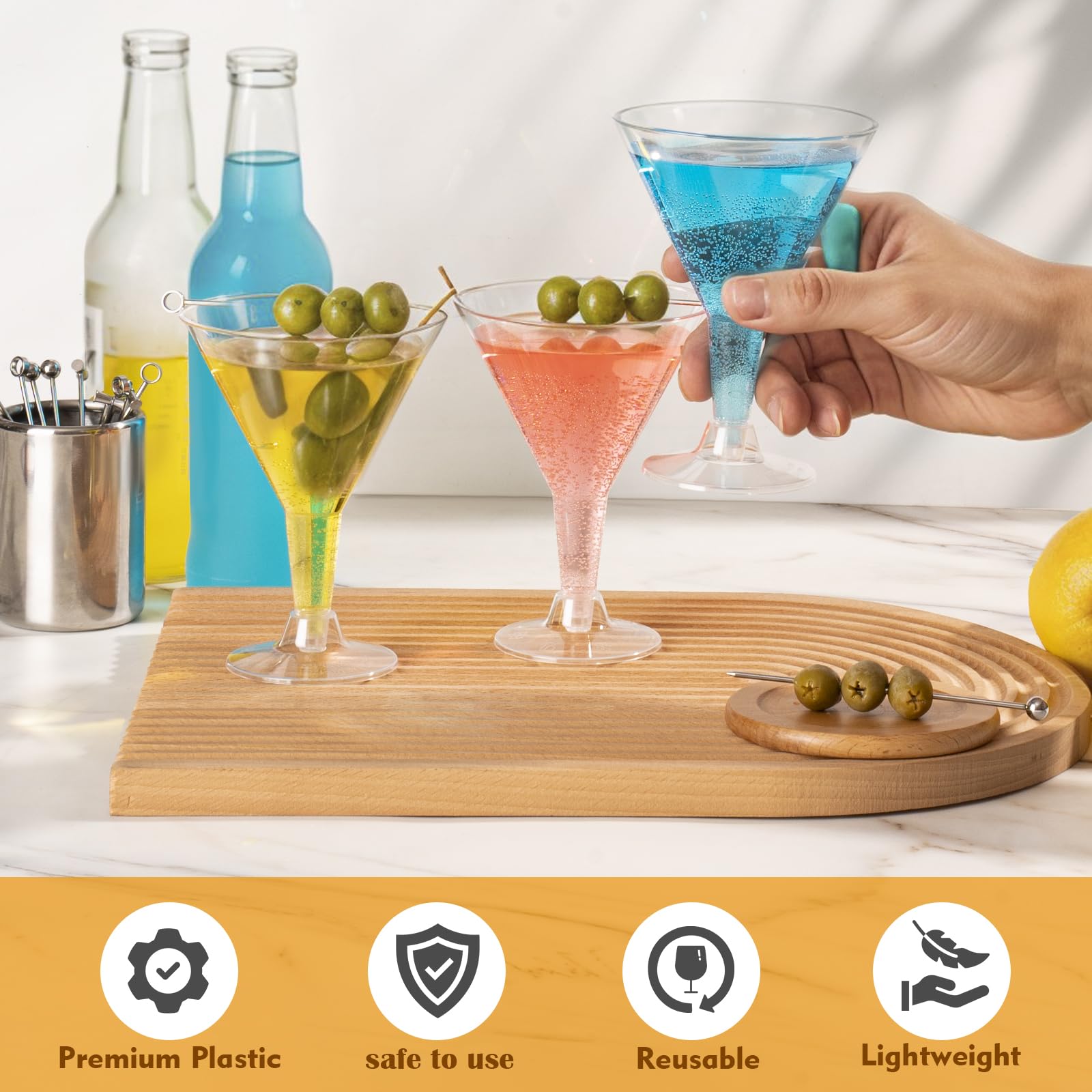 Losneg stackable martini glasses save space for bulk party transport.