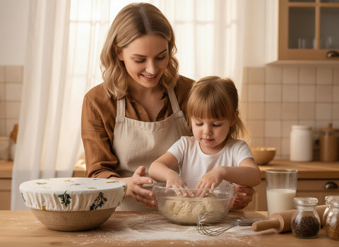 Lospara bowl cover floral embroidery adds decorative touch to kitchen, while protecting ingredients.