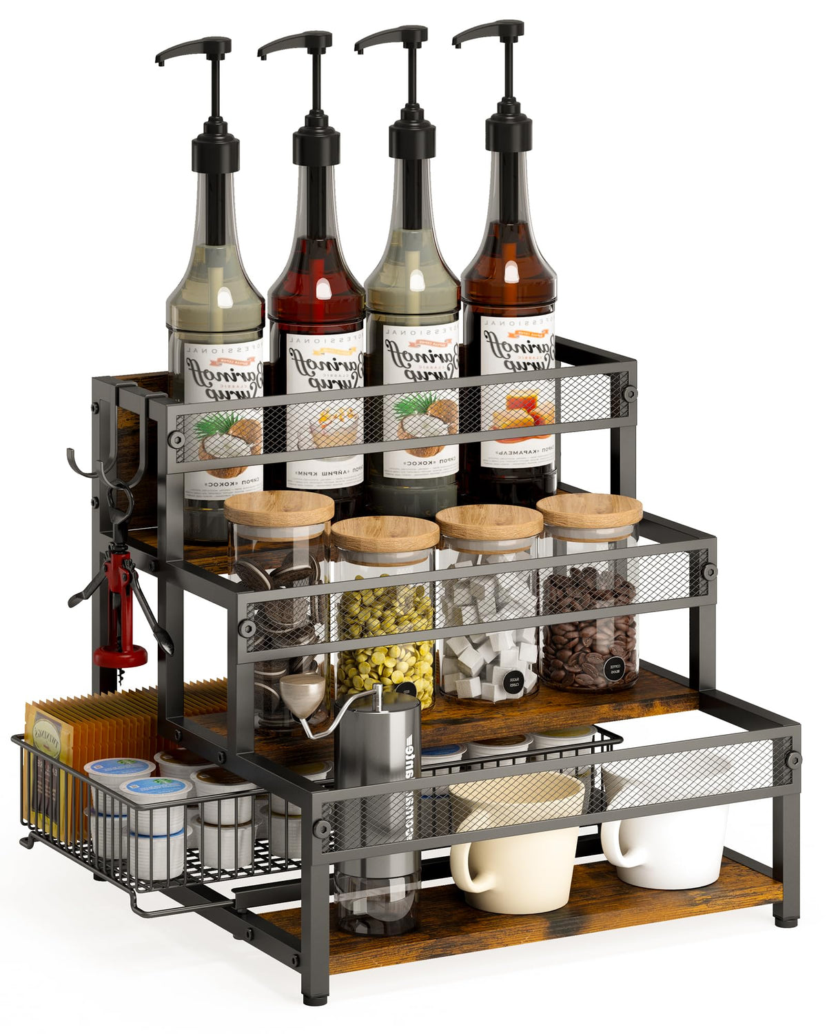 LOTEYIKE 3-tier syrup rack display keeps bottles organized and accessible.