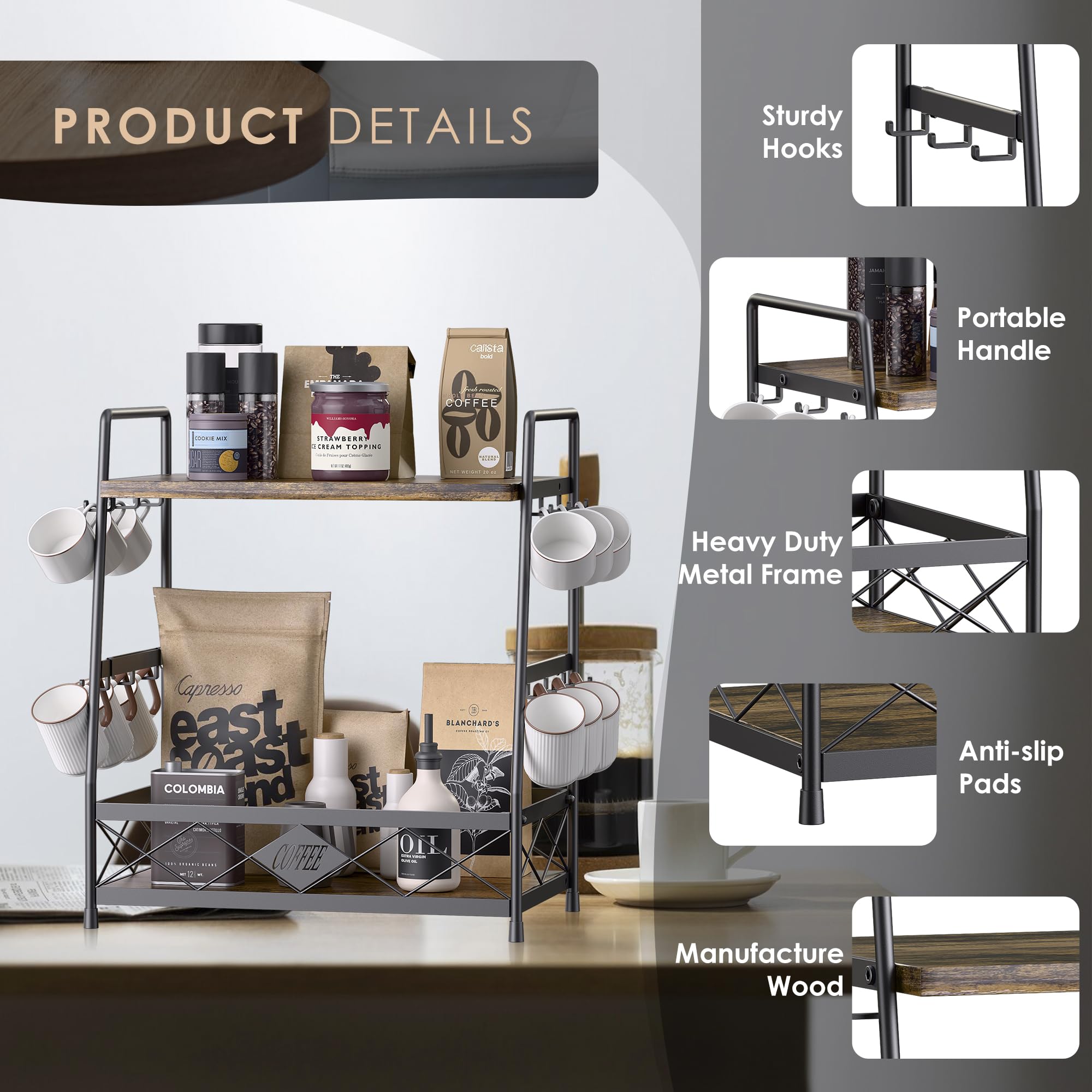 LOTEYIKE coffee mug shelf stand shows durable carbon steel construction.