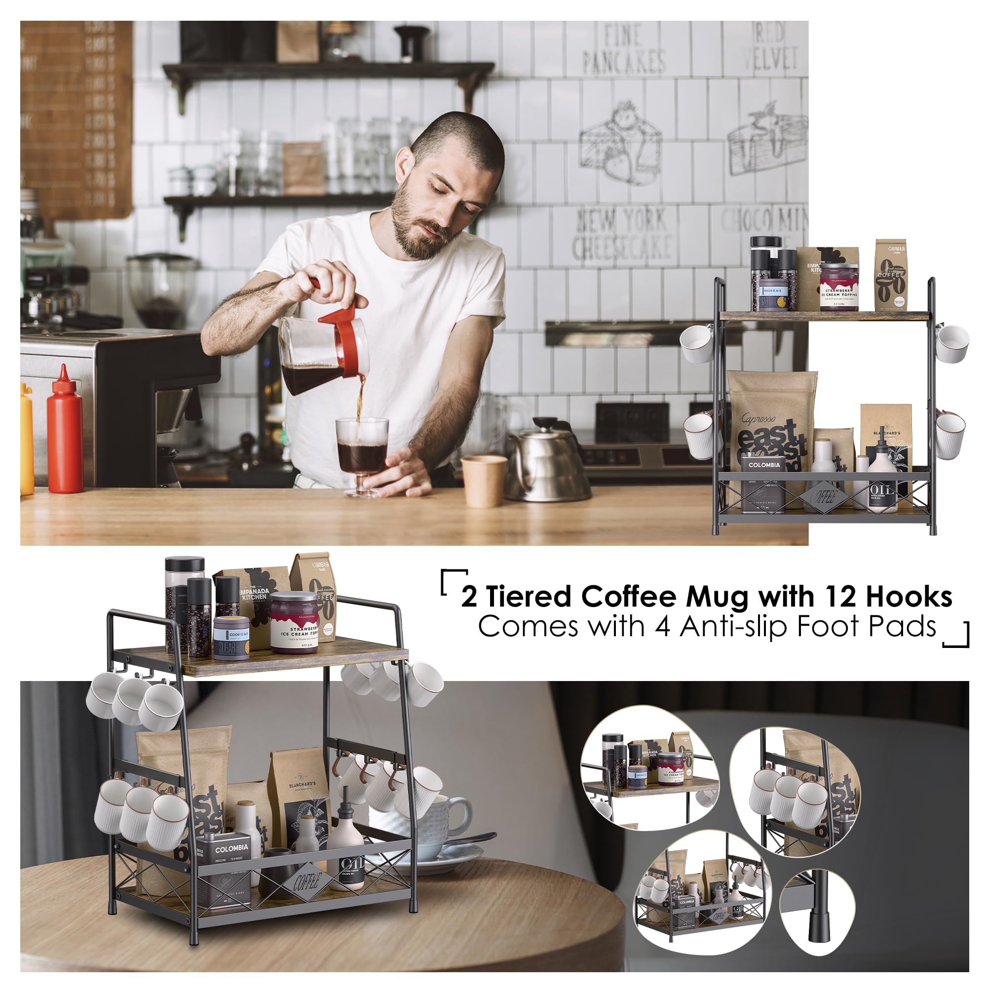 LOTEYIKE countertop coffee mug organizer displays mugs and essentials with 12 hooks.