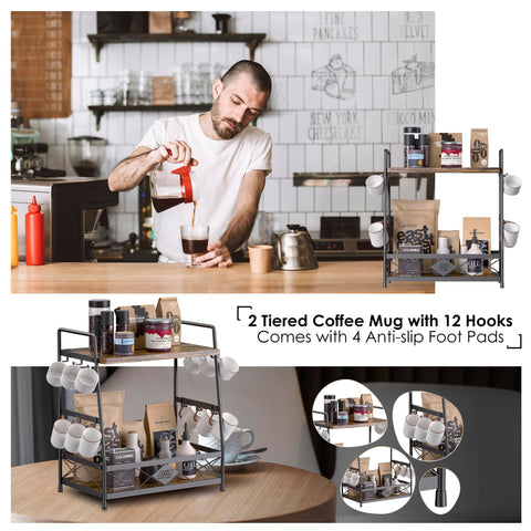 LOTEYIKE countertop coffee mug organizer displays mugs and essentials with 12 hooks.