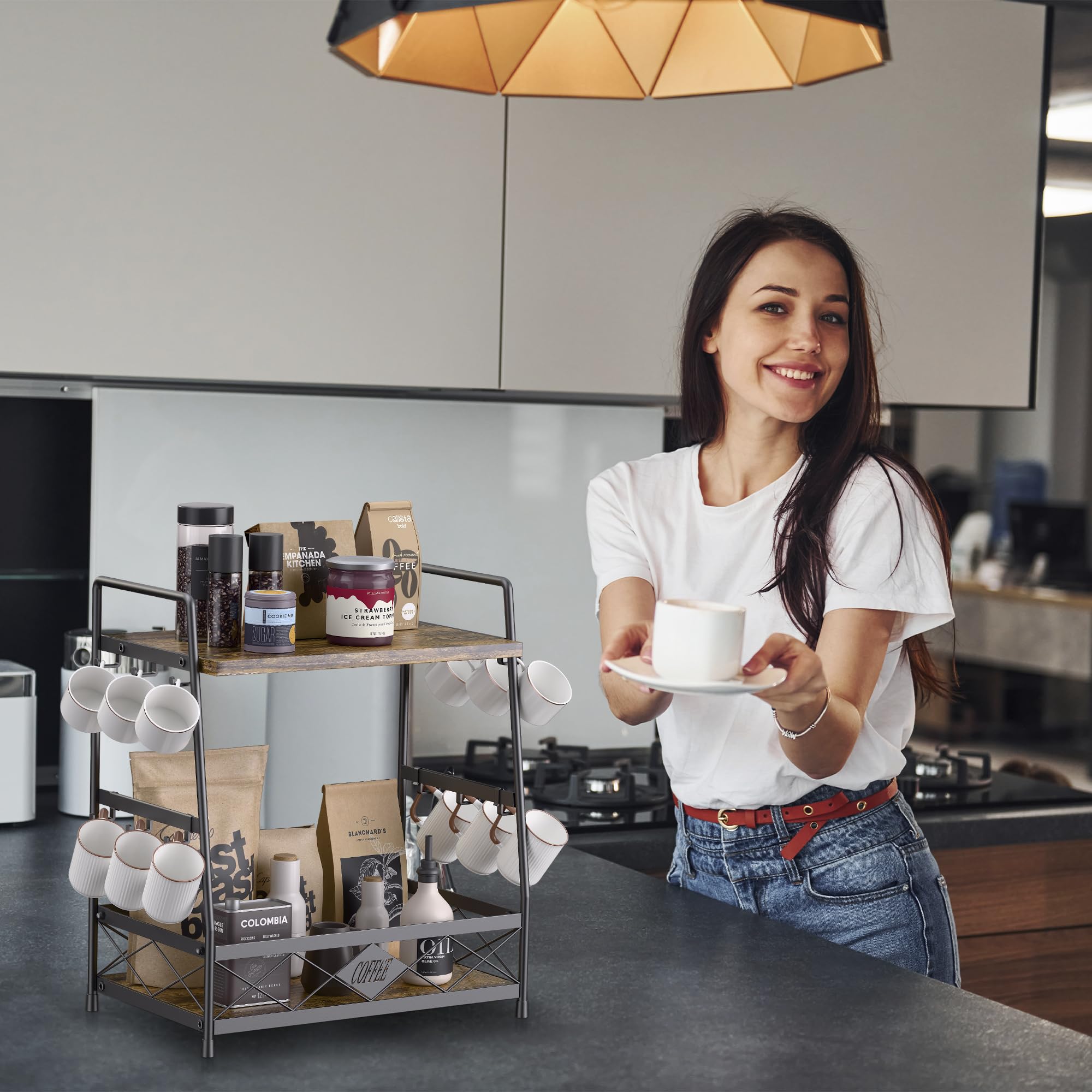 LOTEYIKE mug display shelf helps organize mugs and accessories efficiently.