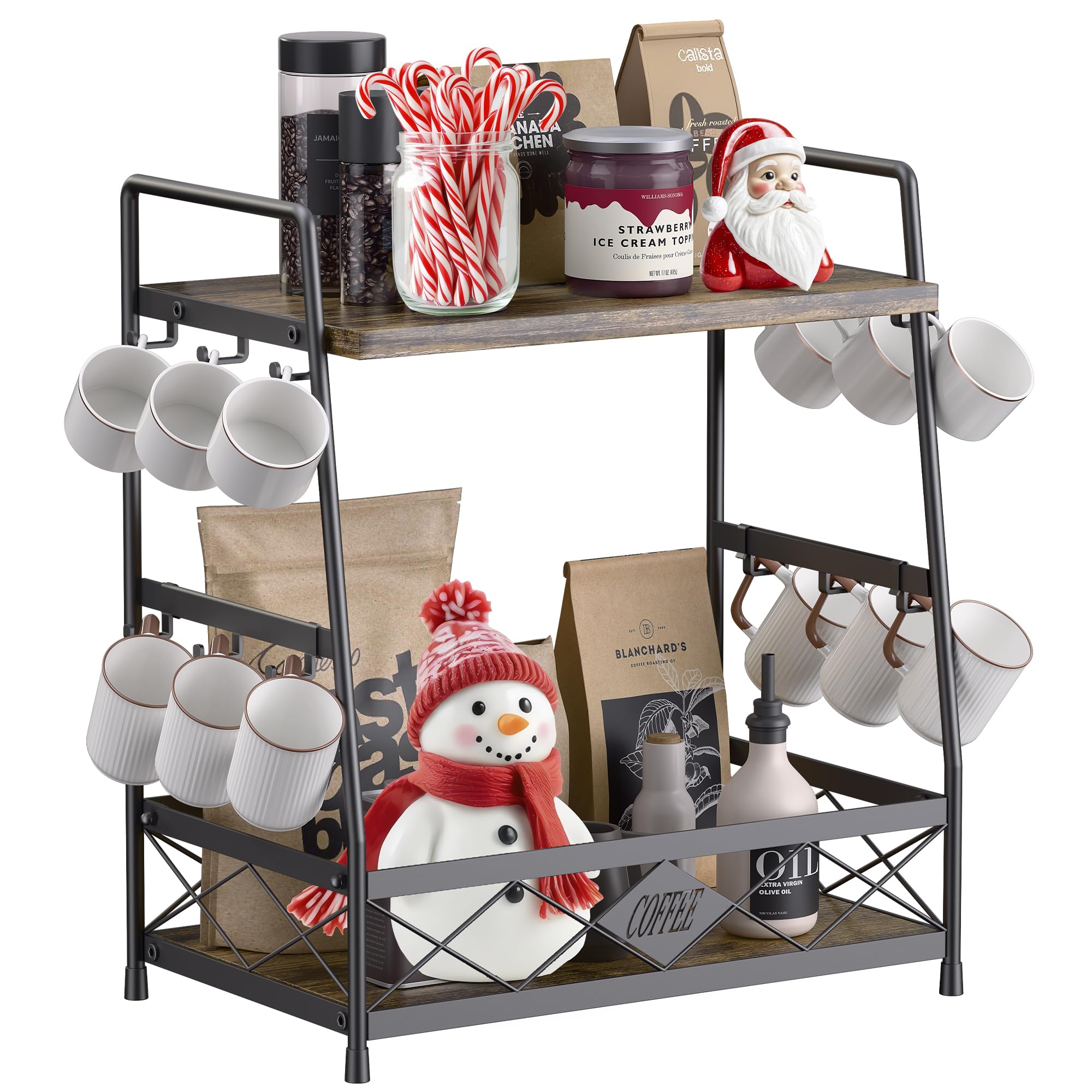 LOTEYIKE two-tier coffee cup holder on countertop keeps mugs neatly organized for easy access.