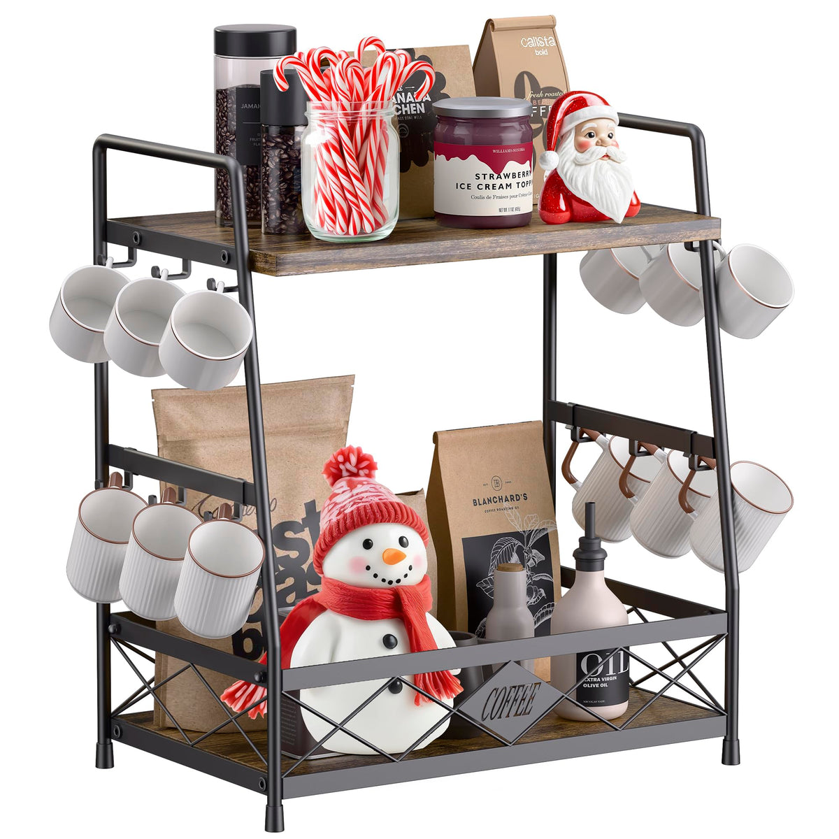 LOTEYIKE two-tier coffee cup holder on countertop keeps mugs neatly organized for easy access.
