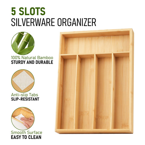 LotFancy bamboo drawer organizer five compartments close-up reveals smooth natural texture
