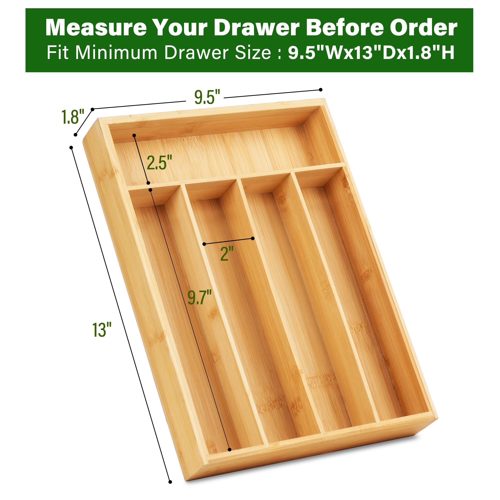 LotFancy bamboo drawer organizer 9.5-inch top-down view shows slim profile for shallow drawers