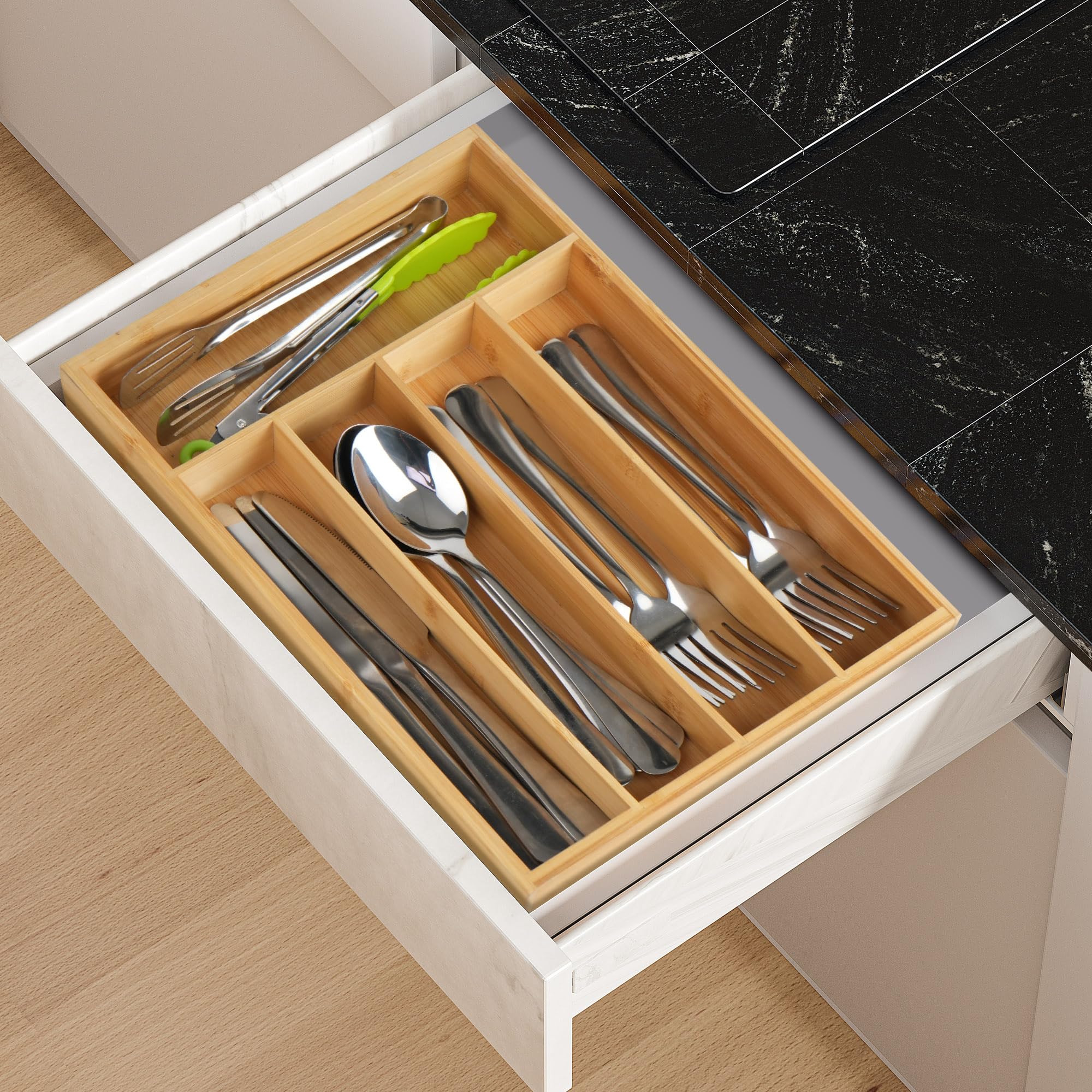 LotFancy bamboo drawer organizer easy-clean damp cloth friendly design