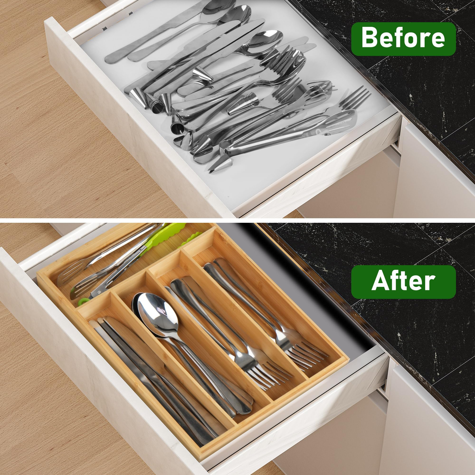 LotFancy bamboo drawer organizer wood texture close-up highlighting durable bamboo